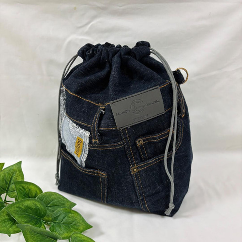 巾着ショルダーバッグ デニムリメイク ハンドメイド 巾着バッグ