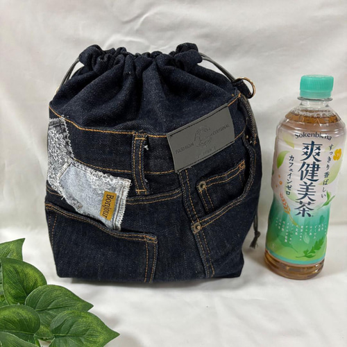 巾着ショルダーバッグ デニムリメイク ハンドメイド 巾着バッグ