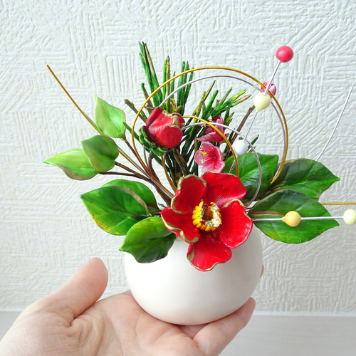 赤椿うま年【パンフラワー/干支の置物】2026年午年♪椿/梅/ウマ/水引