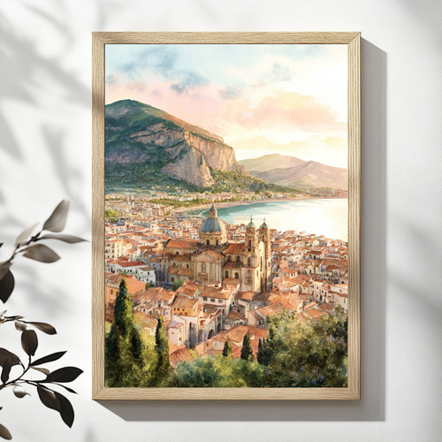 ラ・ロッカ山を望むチェファルー｜パノラマ水彩イラスト イタリア 風景