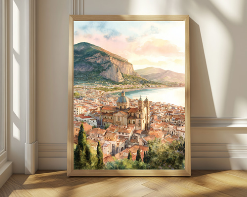 ラ・ロッカ山を望むチェファルー｜パノラマ水彩イラスト イタリア 風景