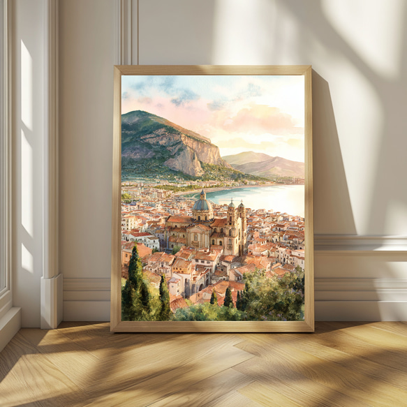 ラ・ロッカ山を望むチェファルー｜パノラマ水彩イラスト イタリア 風景