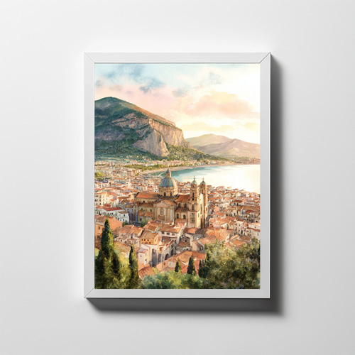 絵　絵画　水彩　水彩画　風景画　プレゼント　家　ビル ラ・ロッカ山を望むチェファルー｜パノラマ水彩イラスト イタリア 風景