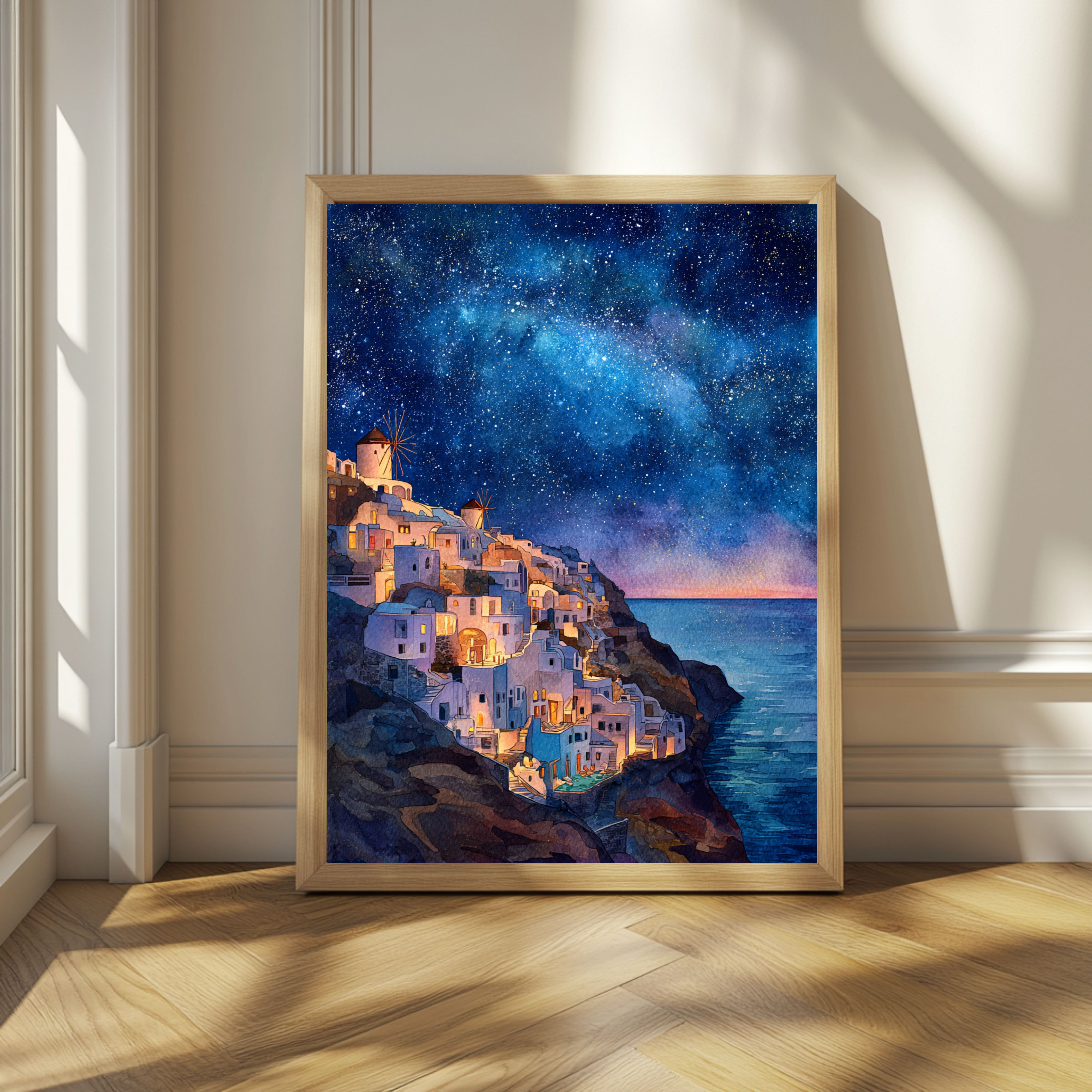 夕暮れと夜が交差するギリシャの島の村｜水彩画アート インテリア