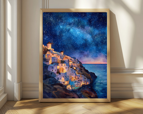 絵画　タペストリー　水彩画　風景　海外　N.R. 壁掛け コレクション A4 夕暮れと夜が交差するギリシャの島の村｜水彩画アート インテリア