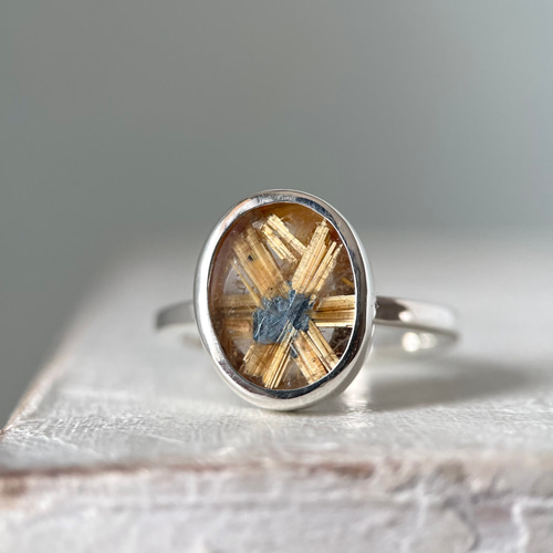 天然ダイヤモンド埋め込み　赤瑪瑙✖️ルチルクォーツ　リング14号 サイズ12号【太陽のような輝きの花 レア天然石】ルチルクォーツリング