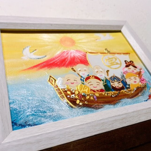 風水吉祥 絵画 笑顔の七福神とお宝ザクザク宝船〜赤富士と鶴〜新年