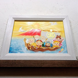 絵画・額縁・版画・船本清司・新品未使用・にっこり笑って・美術品・インテリア・雑貨 風水吉祥 絵画 笑顔の七福神とお宝ザクザク宝船〜赤富士と鶴〜新年
