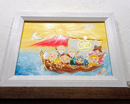 新春初蔵出し稀少逸品・アート　絵画・工芸・ギフト・壁掛け 風水吉祥 絵画 笑顔の七福神とお宝ザクザク宝船〜赤富士と鶴〜新年