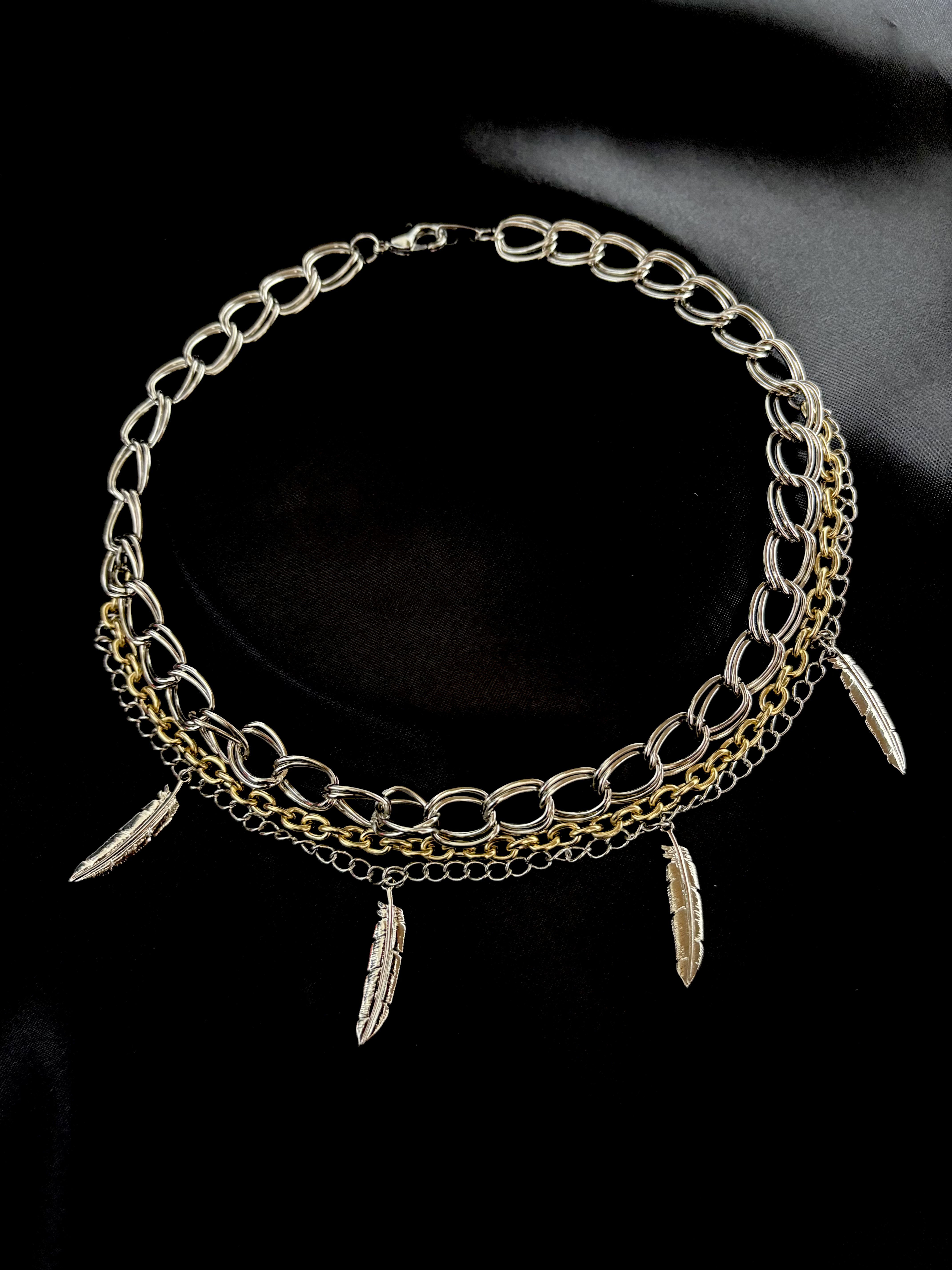 Feather Charm Gold×Silver Chain Choker Necklace