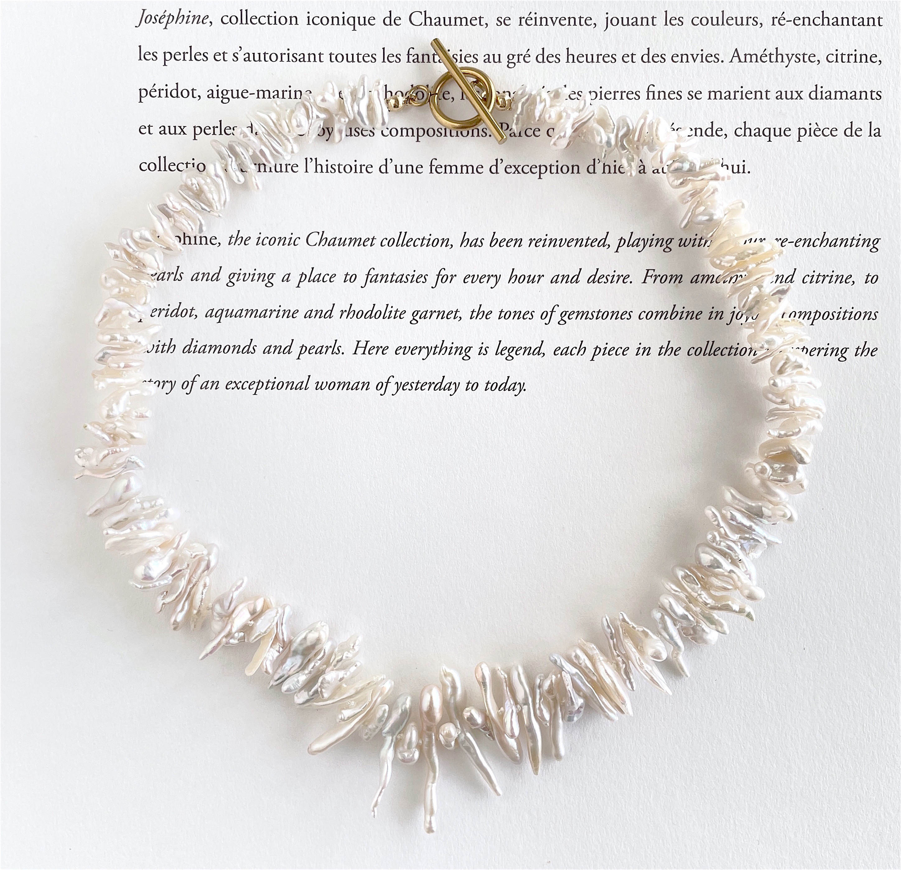 希少 雪の細長ケシパールのチョーカー　オーロラカラー　オールノット仕上げ　1点のみ