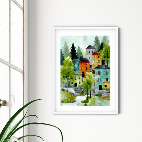 春の町【 北欧の森の新緑の家 タイプA 】 春景色 インテリア アート