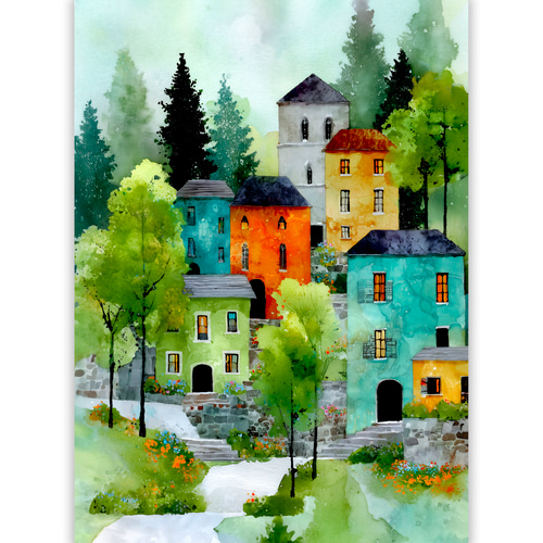 春の町【 北欧の森の新緑の家 タイプA 】 春景色 インテリア アート