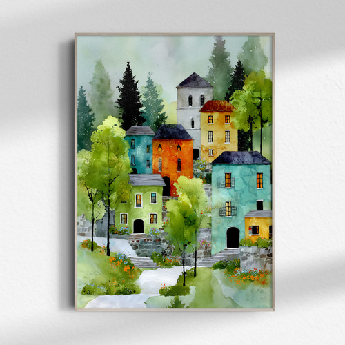 インテリア　アート　絵画　A4 　作家作品 春の町【 北欧の森の新緑の家 タイプA 】 春景色 インテリア アート