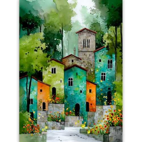 春の町【 北欧の森の新緑の家 タイプB 】 春景色 インテリア アート