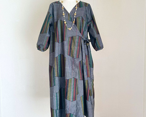 一元式9マルキ大島紬 ドレープスカートのカシュクールワンピース 一元式9マルキ大島紬 ドレープスカートのカシュクールワンピース 一元