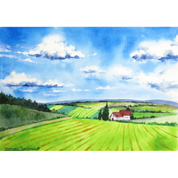 原画】庭園の風景（水彩画/額無し）☆送料無料 風景画 新緑 絵画