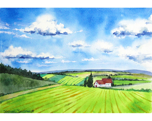原画】北海道・赤い屋根のある丘の風景（水彩画）送料無料☆美瑛 風景