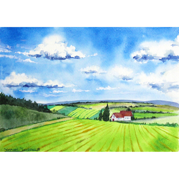灯台と赤い屋根の建物が描かれた油彩画 原画】北海道・赤い屋根のある丘の風景（水彩画）送料無料☆美瑛 風景