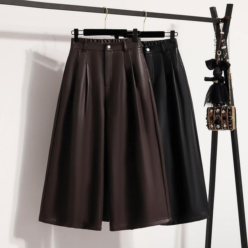 新品 大きいサイズ ゆったり PUレザー ワイドパンツ 黒 7分丈 秋冬
