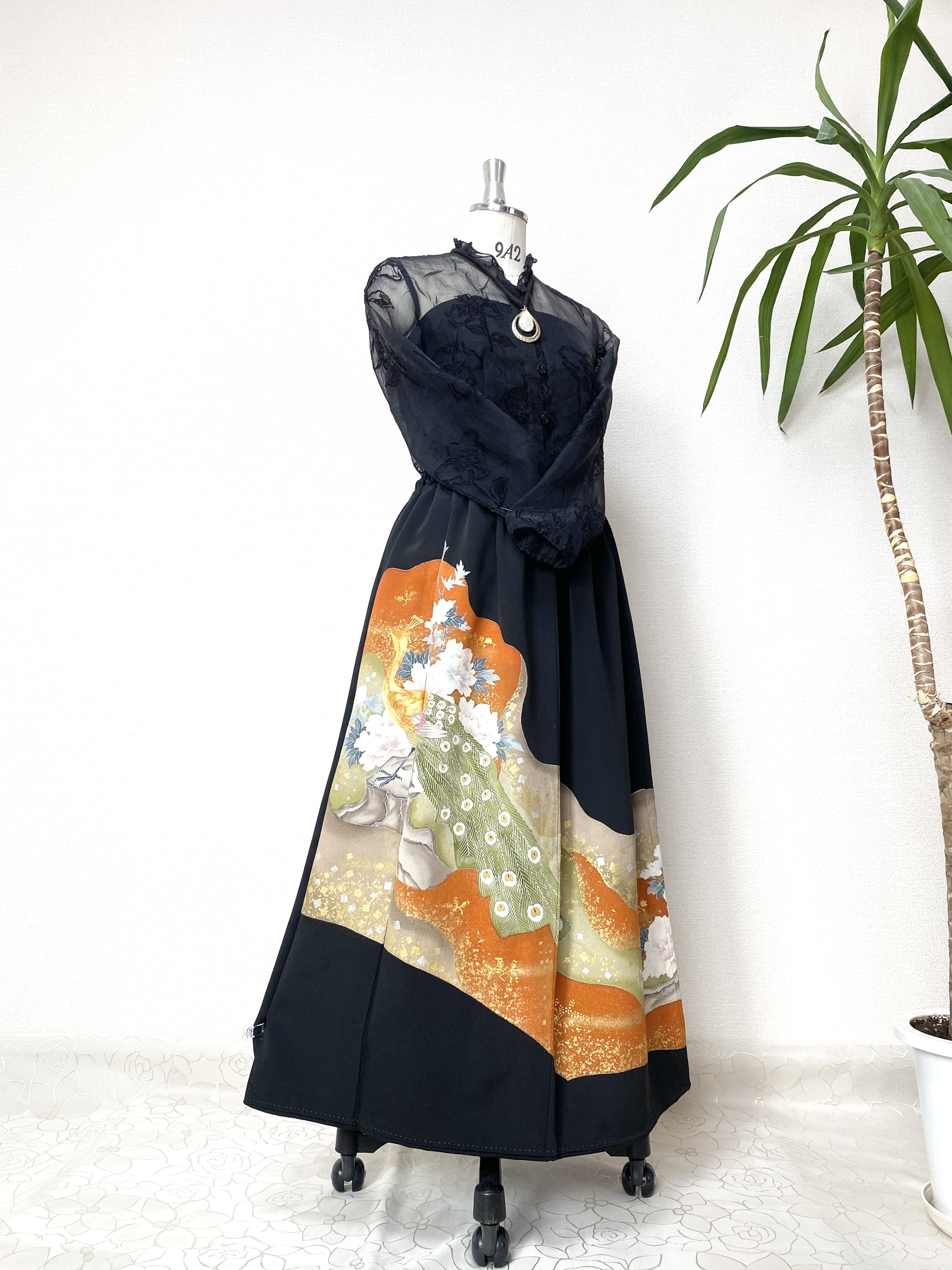 大人可愛いセレブ着物スカートフリーサイズ1点物黒留袖着物リメイクウエストゴムロングスカートフリーサイズ送料込み6058