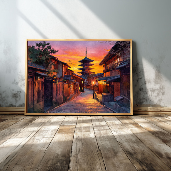 古都・京都の夕暮れを描いた光り輝く水彩画｜ポスター向けアート