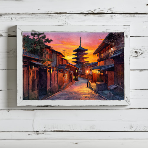 水彩画  京都古民家 古都・京都の夕暮れを描いた光り輝く水彩画｜ポスター向けアート