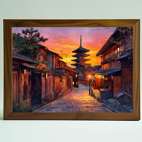 水彩画  京都古民家 古都・京都の夕暮れを描いた光り輝く水彩画｜ポスター向けアート