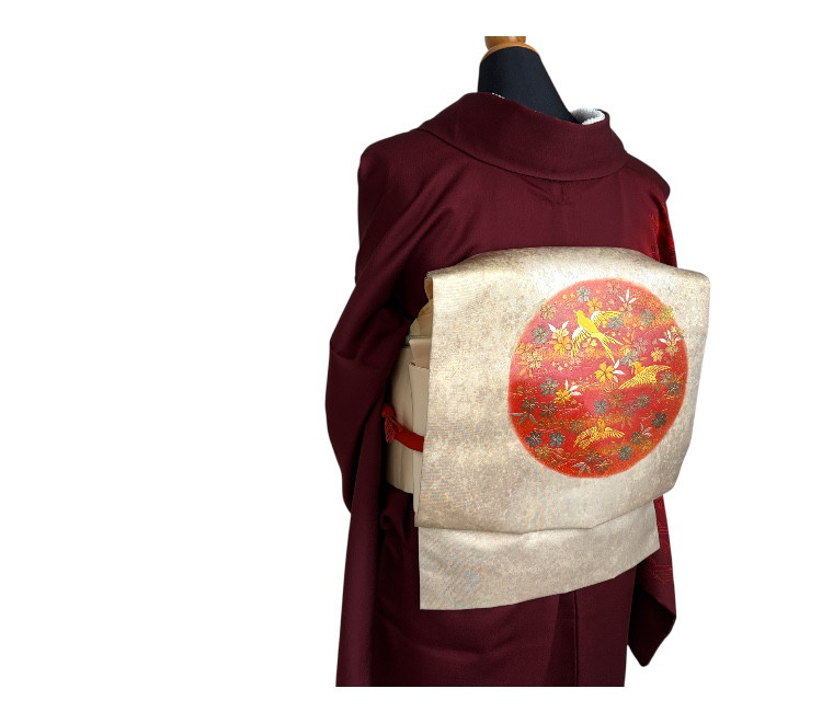 アンティーク　正絹　仕立上り　名古屋帯　螺鈿　ポイント柄　円　朱色