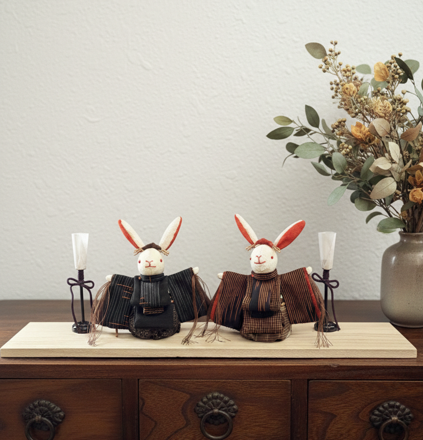 渋めのアンティークのお着物を着た　舞雛うさぎ　(ひな人形、雛人形、お正月飾り)