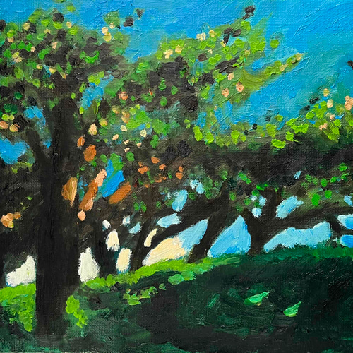 油彩画 原画「近所の風景 堤防」アート 絵画 22×27㎝ F3 キャンバス N