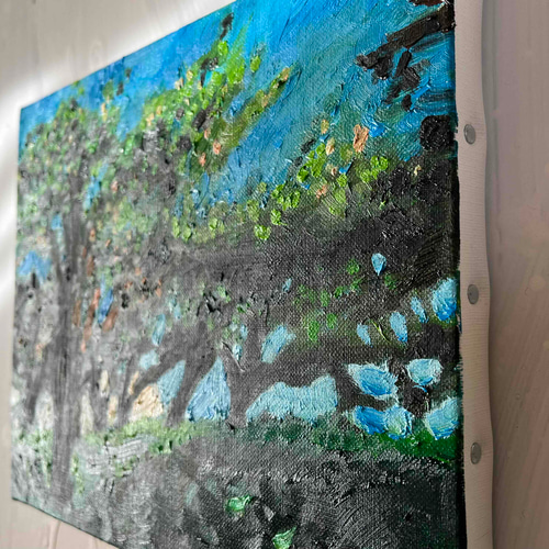 油彩画 原画「近所の風景 堤防」アート 絵画 22×27㎝ F3 キャンバス N