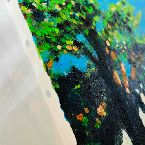 油彩画 原画「近所の風景 堤防」アート 絵画 22×27㎝ F3 キャンバス N