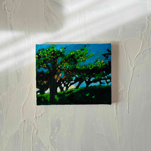 油彩画 原画「近所の風景 堤防」アート 絵画 22×27㎝ F3 キャンバス N