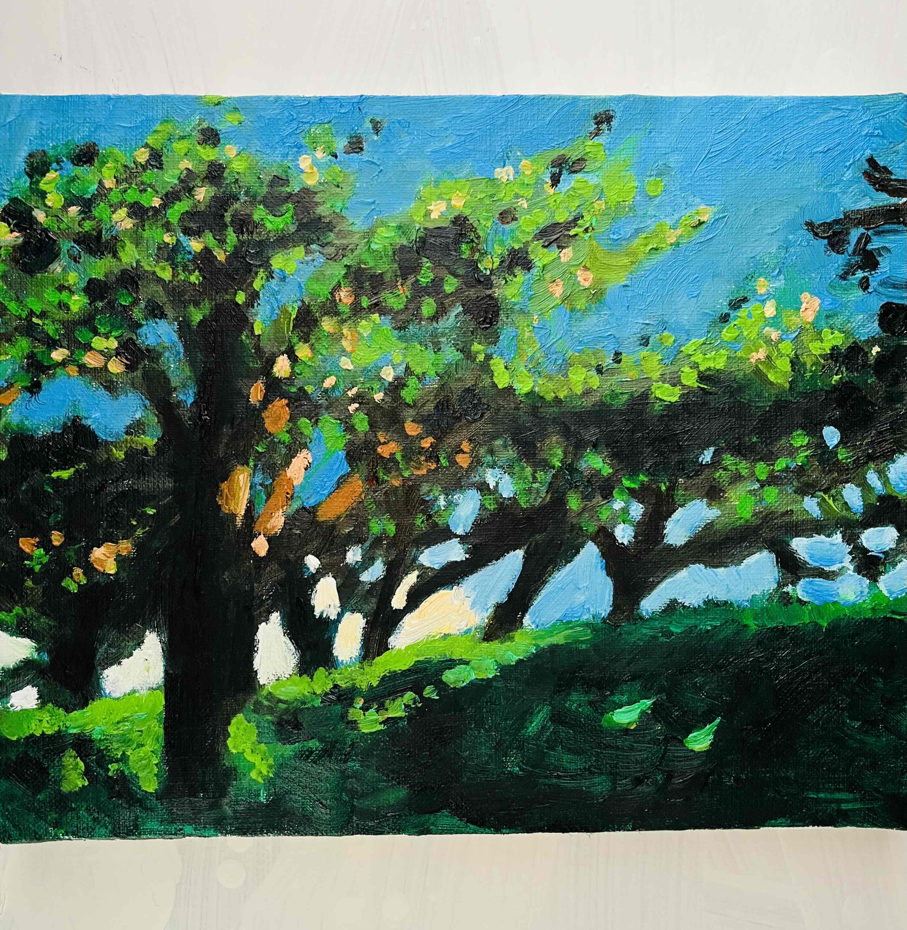 油彩画 原画「近所の風景 堤防」アート 絵画 22×27㎝ F3 キャンバス N