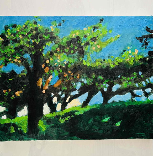 油彩画 原画「近所の風景 堤防」アート 絵画 22×27㎝ F3 キャンバス N