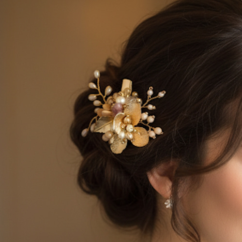 コサージュ ブローチ ヘアピン 髪飾り ゴールド ベージュ ビーズ お花