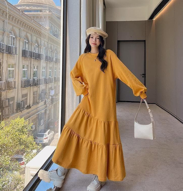 大きいサイズ レディース 秋　冬 ロング　ワンピース　イエロー　新品 長袖　春o