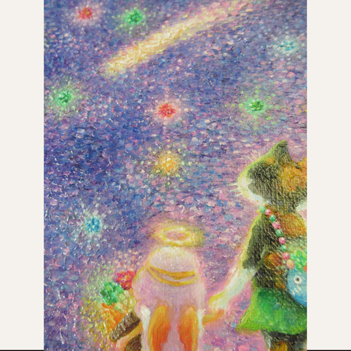 [匿名で配送] 一点もの ネコ 天使 星 宇宙 油絵 油彩 絵 送料無料][匿名配送] 一点もの ネコ 天使 星 宇宙 油絵 油彩 絵 絵画