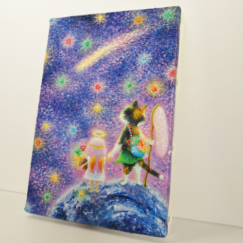 送料無料][匿名配送] 一点もの ネコ 天使 星 宇宙 油絵 油彩 絵 絵画