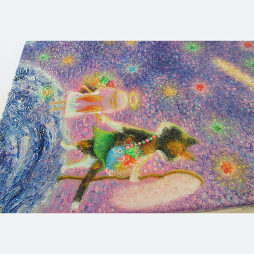 送料無料][匿名配送] 一点もの ネコ 天使 星 宇宙 油絵 油彩 絵 絵画