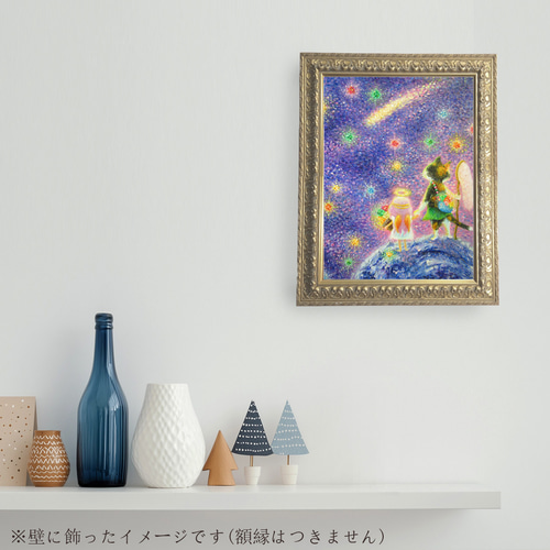 送料無料][匿名配送] 一点もの ネコ 天使 星 宇宙 油絵 油彩 絵 絵画