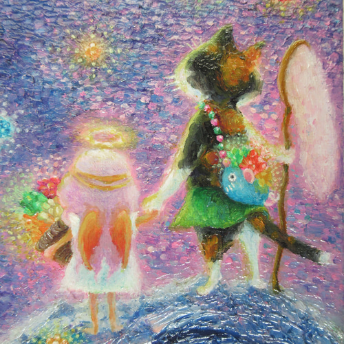 送料無料][匿名配送] 一点もの ネコ 天使 星 宇宙 油絵 油彩 絵 絵画