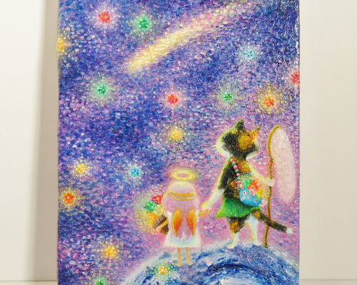 送料無料][匿名配送] 一点もの ネコ 天使 星 宇宙 油絵 油彩 絵 絵画