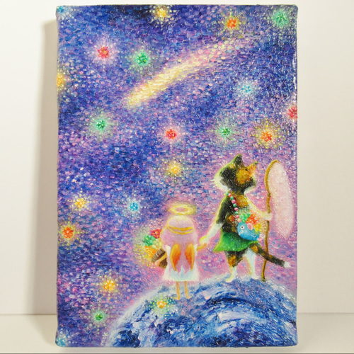 ［匿名で配送］一点もの 猫 茶トラ 祭 油絵 油彩 絵 送料無料][匿名配送] 一点もの ネコ 天使 星 宇宙 油絵 油彩 絵 絵画