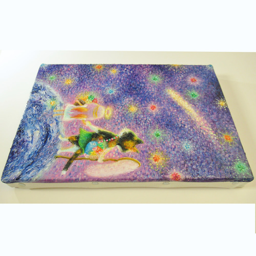 送料無料][匿名配送] 一点もの ネコ 天使 星 宇宙 油絵 油彩 絵 絵画