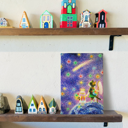 送料無料][匿名配送] 一点もの ネコ 天使 星 宇宙 油絵 油彩 絵 絵画