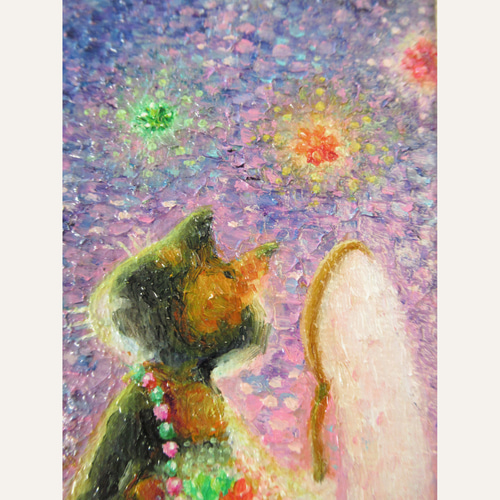 送料無料][匿名配送] 一点もの ネコ 天使 星 宇宙 油絵 油彩 絵 絵画