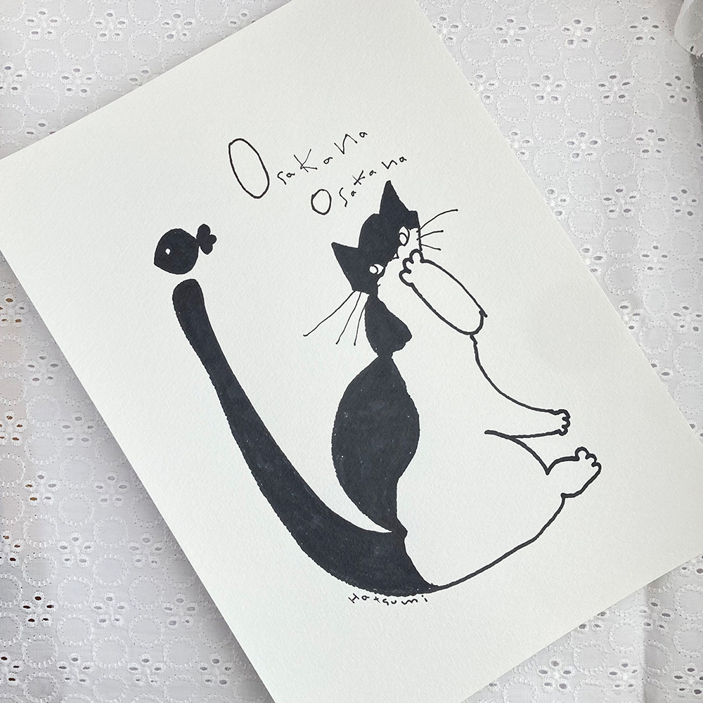 （イラスト原画）お魚お魚　※原画のみ/額縁なし※　　原画　イラスト　アート　動物　猫　ハチワレ猫　線画