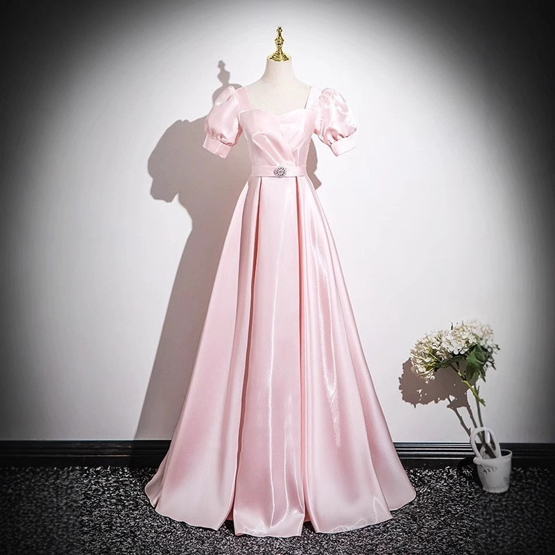 パーティードレス 半袖 ピンク プリンセス 綺麗 シンプル 結婚式 披露宴 前撮り 二次会 お呼ばれ AK592